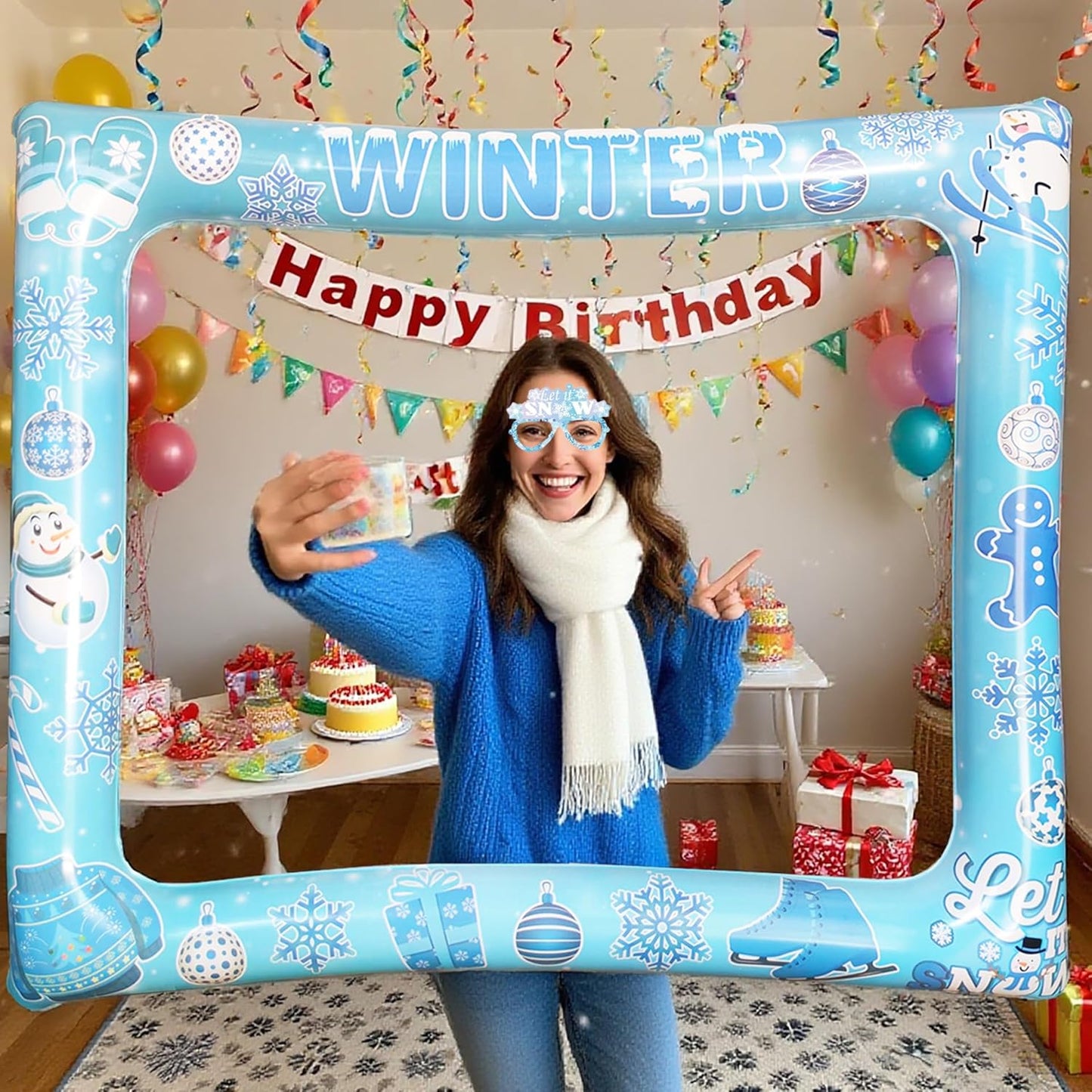 Giant Winter Wonderland Inflatable Photo Photo Frame, Funny Winter Photo Booth Props for Snowman Snowflakes Christmas Frozen Winter Party Decorations Supplies