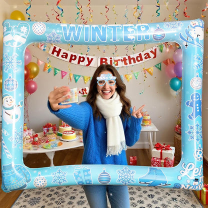 Giant Winter Wonderland Inflatable Photo Photo Frame, Funny Winter Photo Booth Props for Snowman Snowflakes Christmas Frozen Winter Party Decorations Supplies