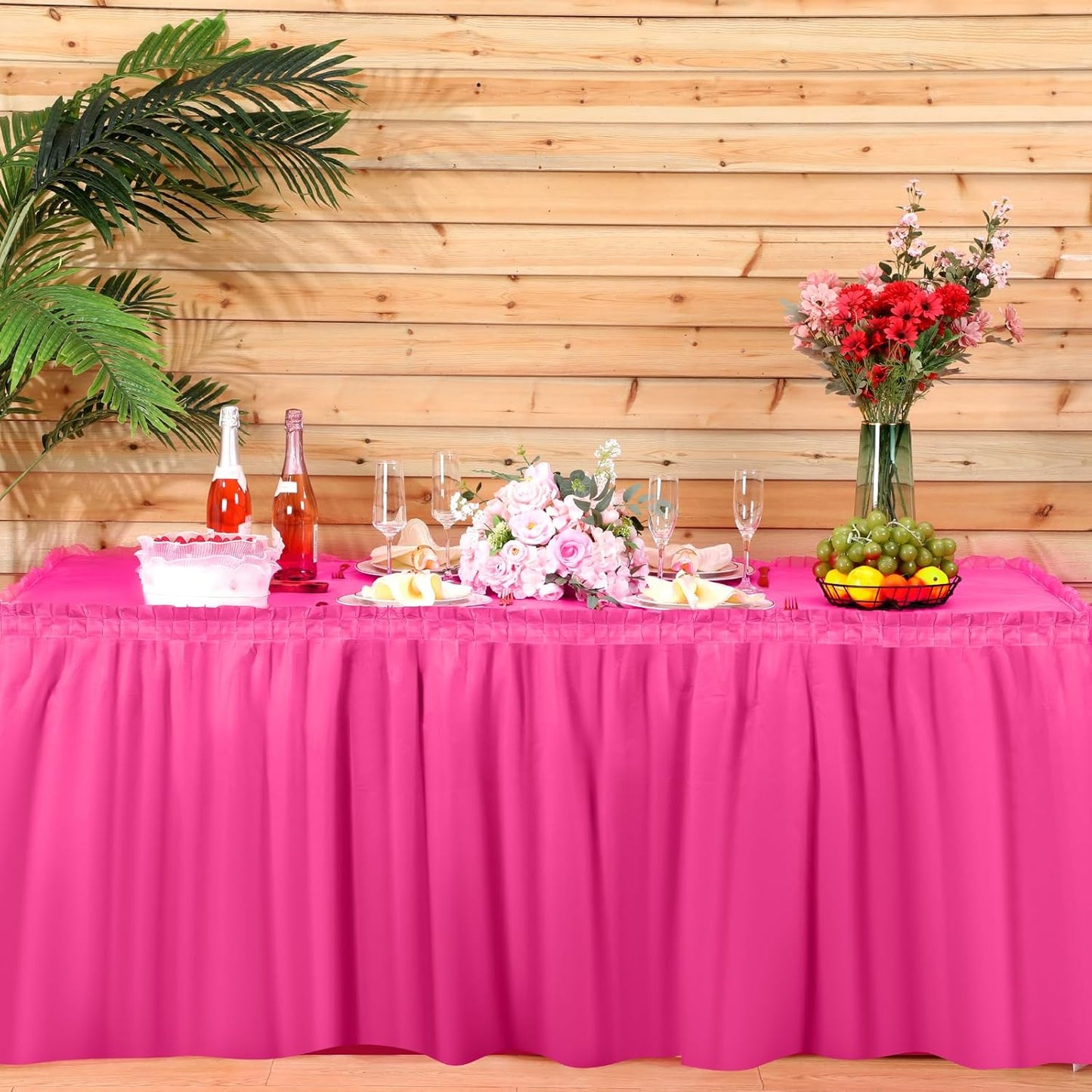 Oudain 6 Pcs Plastic Table Skirts and Stainproof Table Cloths 54 x 108 in Plastic Ruffle Tablecloth 168 x 29 Inches Disposable for Wedding Baby Shower Valentine Spring Easter Party(White)