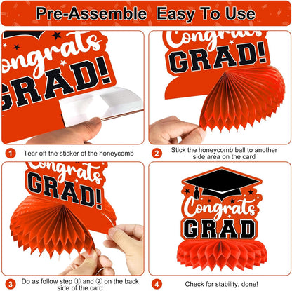 8 Pieces Class of 2026 Graduation Table Decorations - 2026 Congrats Grad Honeycomb Centerpieces, Red Black Graduation Table Toppers Decor for 2026 Graduation Party Decorations Favor Supplies