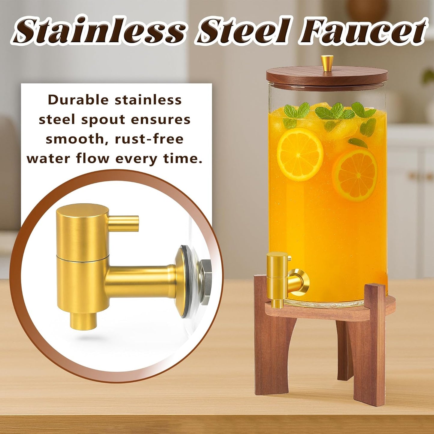 Glass Drink Dispenser,1.5 Gallon Beverage Dispenser with Stand,Lemonade Dispenser with Stainless Steel Faucet,Drink Dispensers for Parties, Bars and Home (Round Stand)