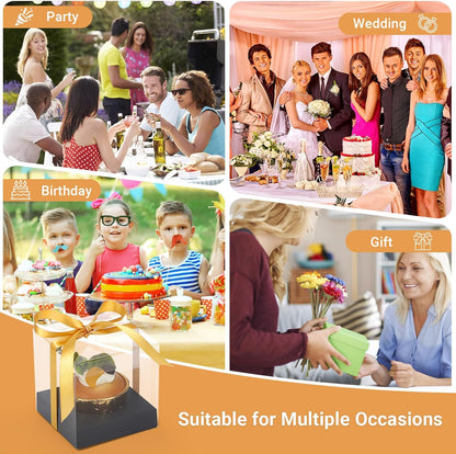 EUSOAR Individual Cupcake Holder, 50pcs 3.5 Inch Plastic Black Cupcake Containers with Lids, Single Transparent Display Clear Cupcake Carrier with Ribbon and Inserts for Wedding Party Favor