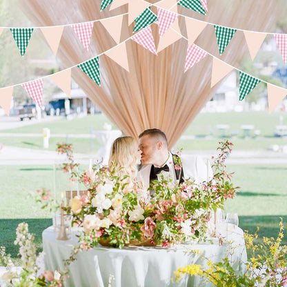 32Ft Dusty Blue Party Decorations Retro Blue Gingham Triangle Banner Flag Pennant Fabric Garland Streamers for Nautical Wedding Birthday Ahoy Achor Bridal Baby Shower Under The Sea Decor Supplies
