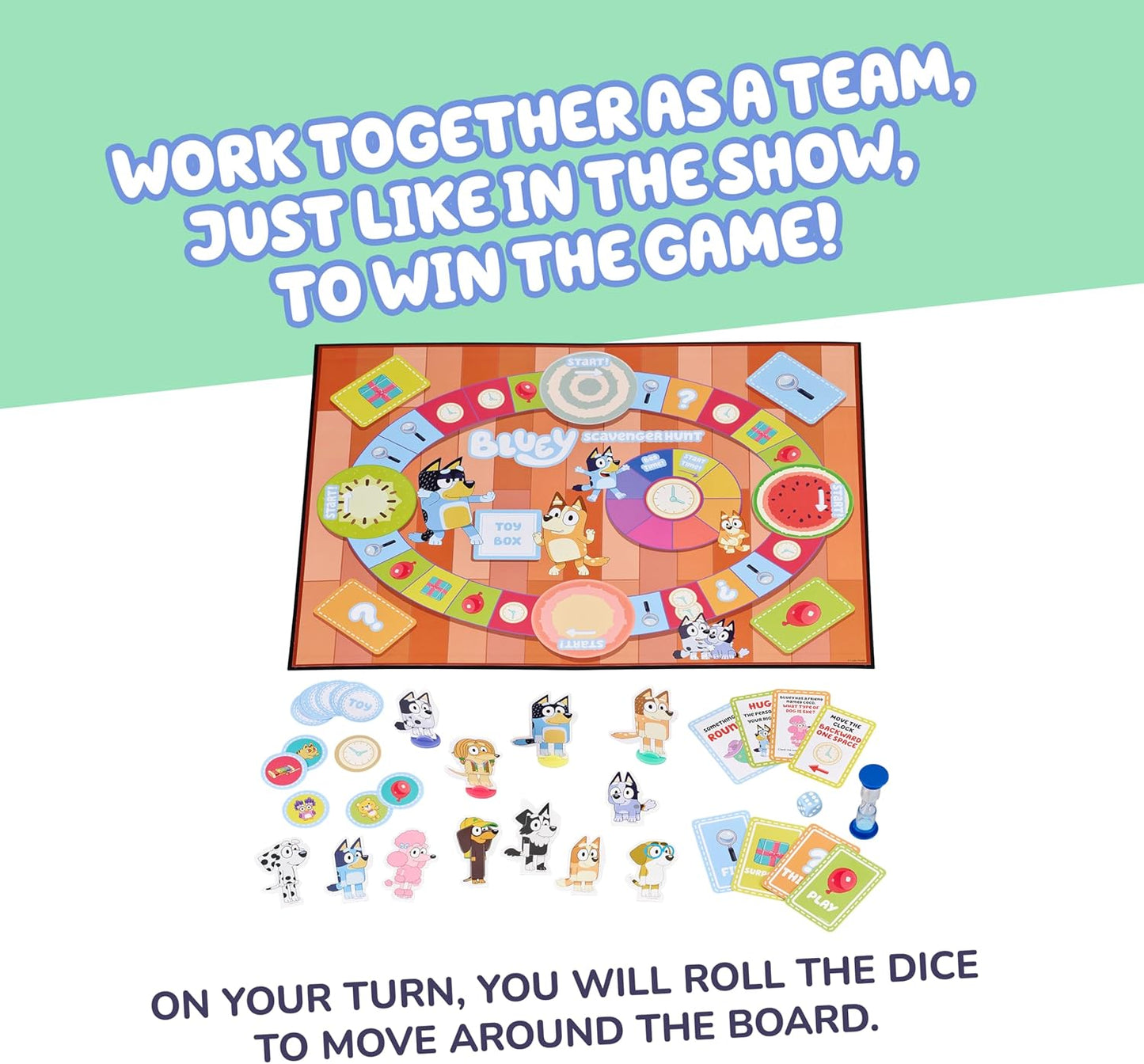 Bluey Scavenger Hunt Board Game, Cooperative Play with 4 Exclusive Mini-Figures, Indoor Games for Kids Ages 5+, Fun Toy Token Collecting Game