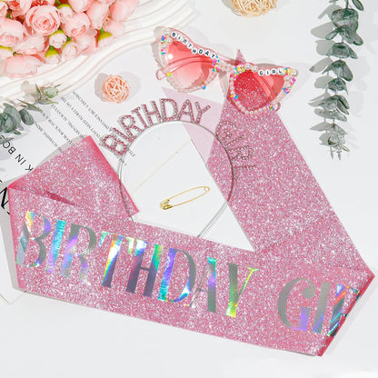 3Pcs Birthday Girl Sash Headband Set-Birthday Sash Tiara and Crown Sunglasses for Girls Women