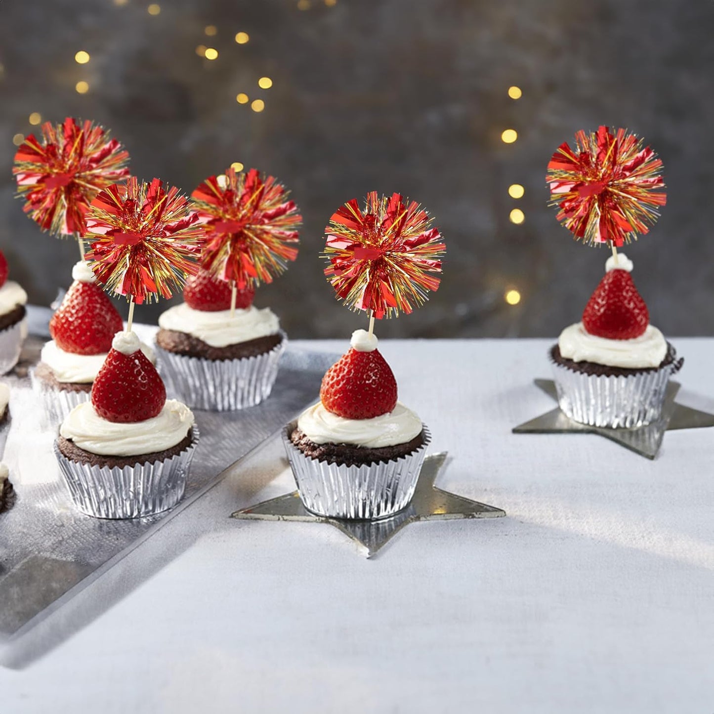 Ephlyn 30Pcs Foil Firework Cupcake Toppers Sparkle Tinsel Cupcake Picks Drink Stirrers Cocktail Food Fruit Toothpicks for Baby Shower Graduation Party Supplies White
