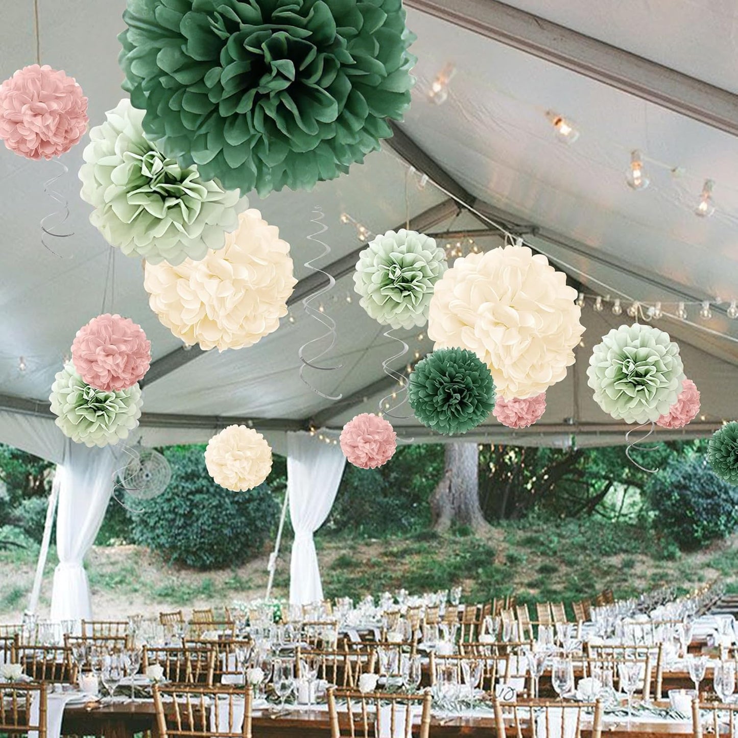 Tissue Paper Pom Poms - 23 PCS Dusty Blue Paper Flowers Pom Pom Kit Circle Dot Party Banner Hanging Swirl Party Decorations for Wedding Birthday Baby Shower Bridal Shower Tea Party
