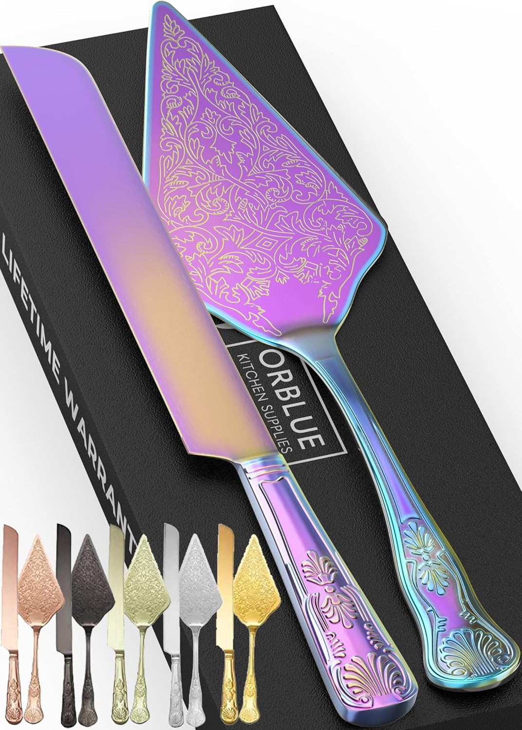Orblue Wedding Cake Knife and Server Set - Premium, Beautifully Engraved Cutting Set - Elegant Keepsake for Newlyweds - Light Gold