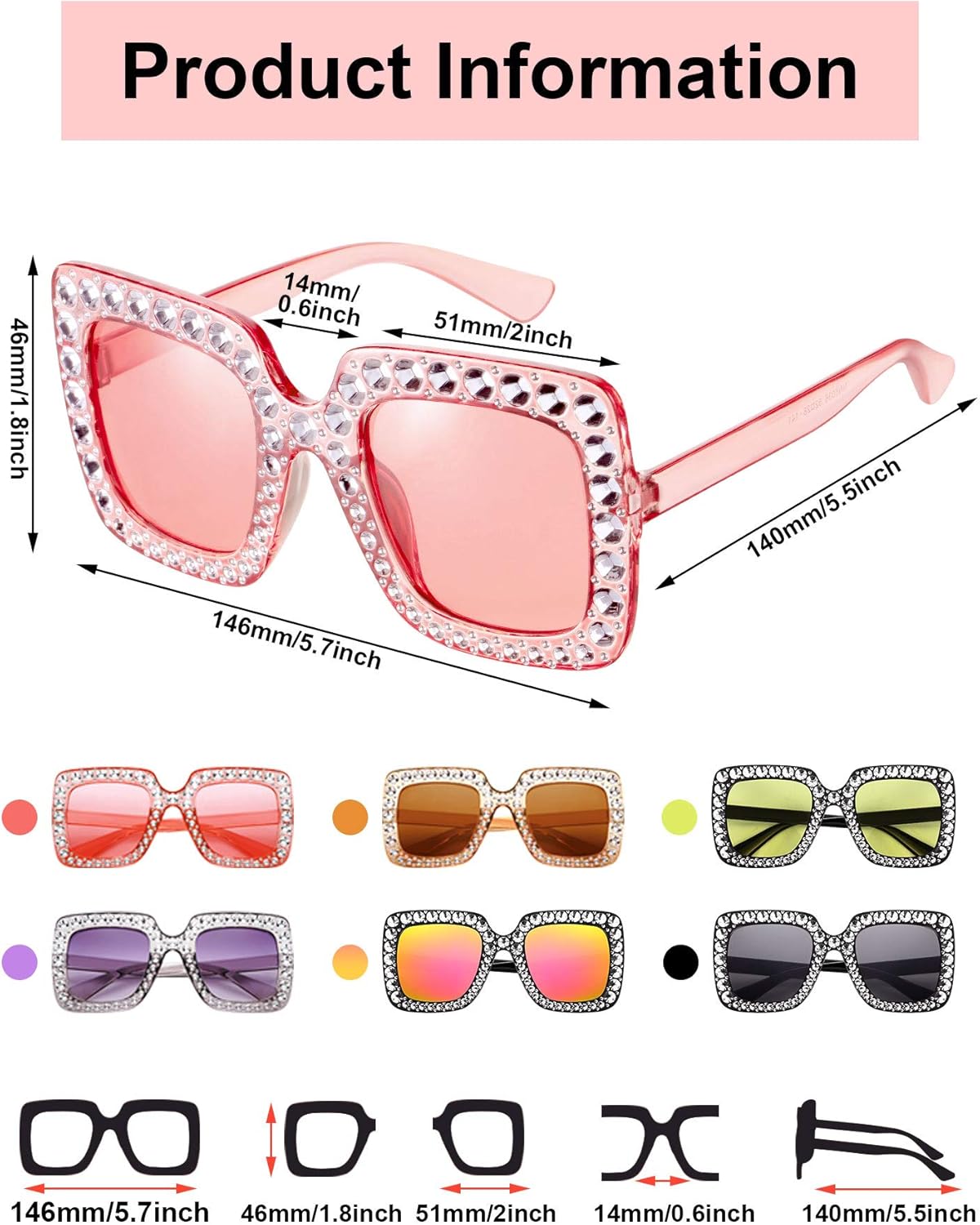 Frienda 6 Pairs Rhinestone Oversized Square Sunglasses 70s Women Dazzled Sunglasses for Disco Party Concert Photo Props
