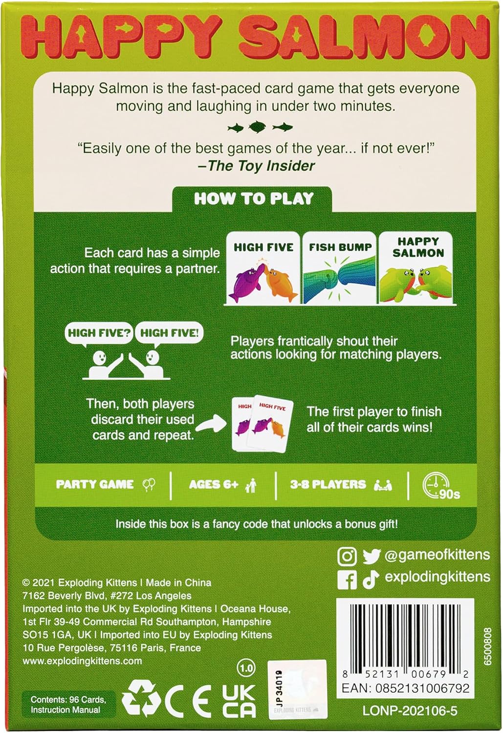 Exploding Kittens Happy Salmon 3-8 Players - Ages 6+ - 90 Second Rounds - Easy to Learn Quick Matching Card Game - Party Game, Family Game Night, Kid and Adult Card Game