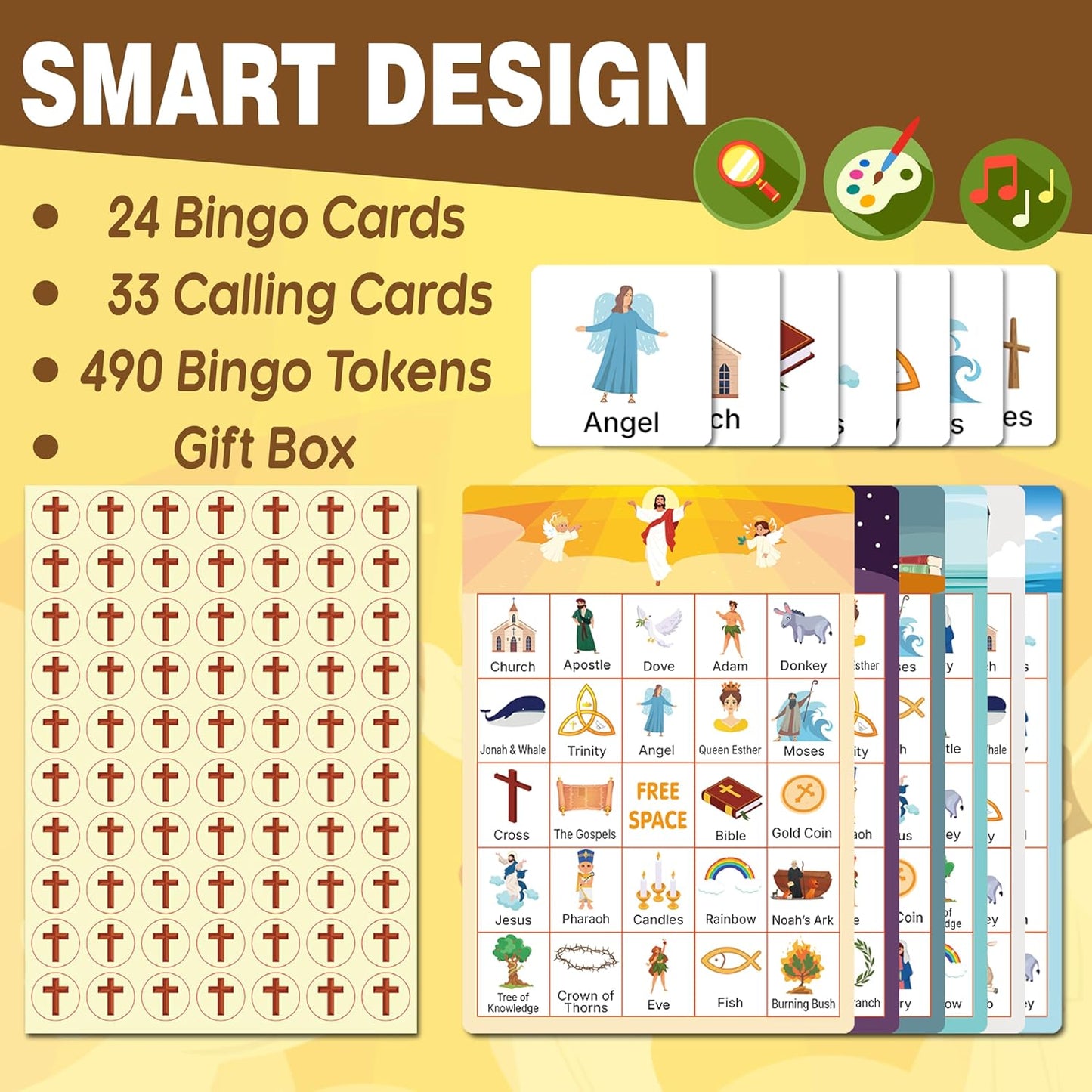 GRANDLMOON Bible Bingo Game 24 Players 6 Designs Christian Bible Bingo Card Religious Game Activities for Vacation Bible School Christian Sunday Church Easter Gift Family Open Day Supplies Box