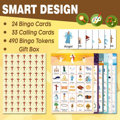 GRANDLMOON Bible Bingo Game 24 Players 6 Designs Christian Bible Bingo Card Religious Game Activities for Vacation Bible School Christian Sunday Church Easter Gift Family Open Day Supplies Box