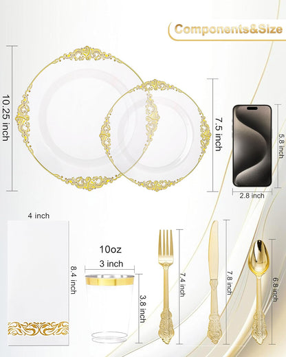 Nervure 350PCS Gold Plastic Plates - Gold Plastic Dinnerware Sets for 50 Guests - 100 Disposable Plates, 150 Silverware, 50 Cups, 50 Napkins for Wedding & Party & Mothers Day