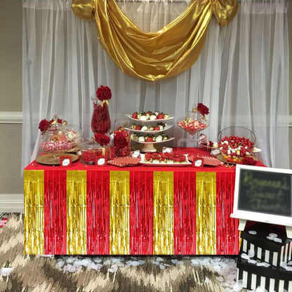 BEISHIDA 2 Pack Metallic Tinsel Foil Fringe Table Skirts for Rectangle & Round Tables Hot Pink Kids' Birthday, Holiday Cartoon Party Decorations for Birthday Valentines Baby Shower Festive Events