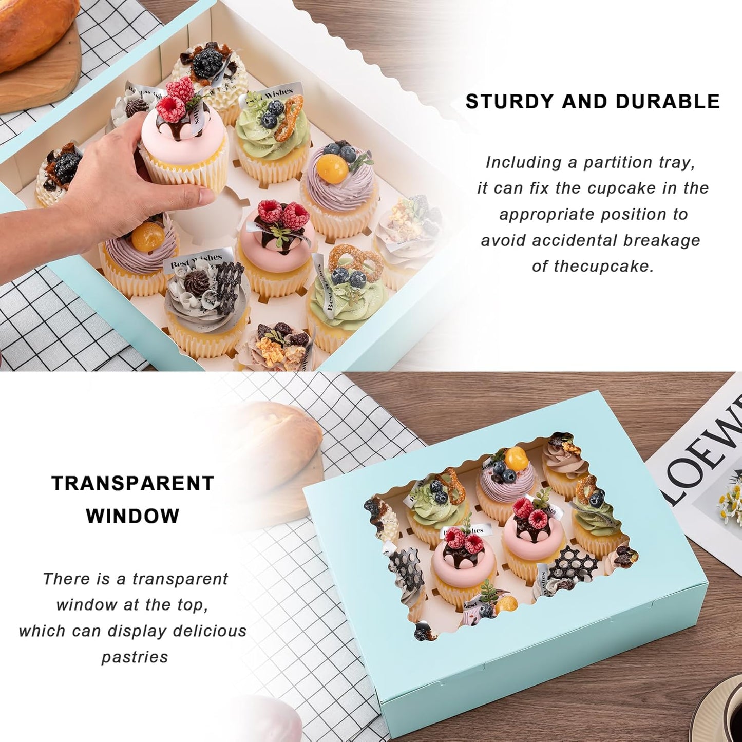 Hoewina 6PCS Cupcake Boxes - Hold 12 Count Cupcake Containers with Window, Food Grade Cupcake Holder Easy Transport and Presentation - Ideal for Cupcakes, Desserts, and More