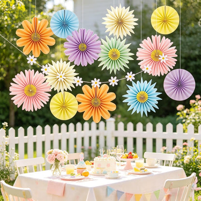 PAPER JAZZ Paper Flowers with Paper Fan Boho Hanging Decor Artificial Flowers Decorations for Wall Pink and Orange Party Decorations for Classroom, Beach Party, Summer Birthday Party Pack of 11.