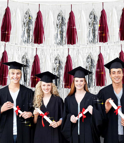 Graduation Decorations Maroon White 2026/Maroon Graduation Party Decorations Silver Tissue Paper Tassel Garlands, Burgundy White Party Garlands for Wedding, Burgundy Silver Birthday Decor