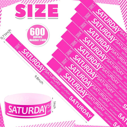 Henoyso 600 Pcs Saturday Paper Wristbands Event Admission Paper Bracelets Numbered Waterproof Party Armbands for Events Day of the Week(Red)