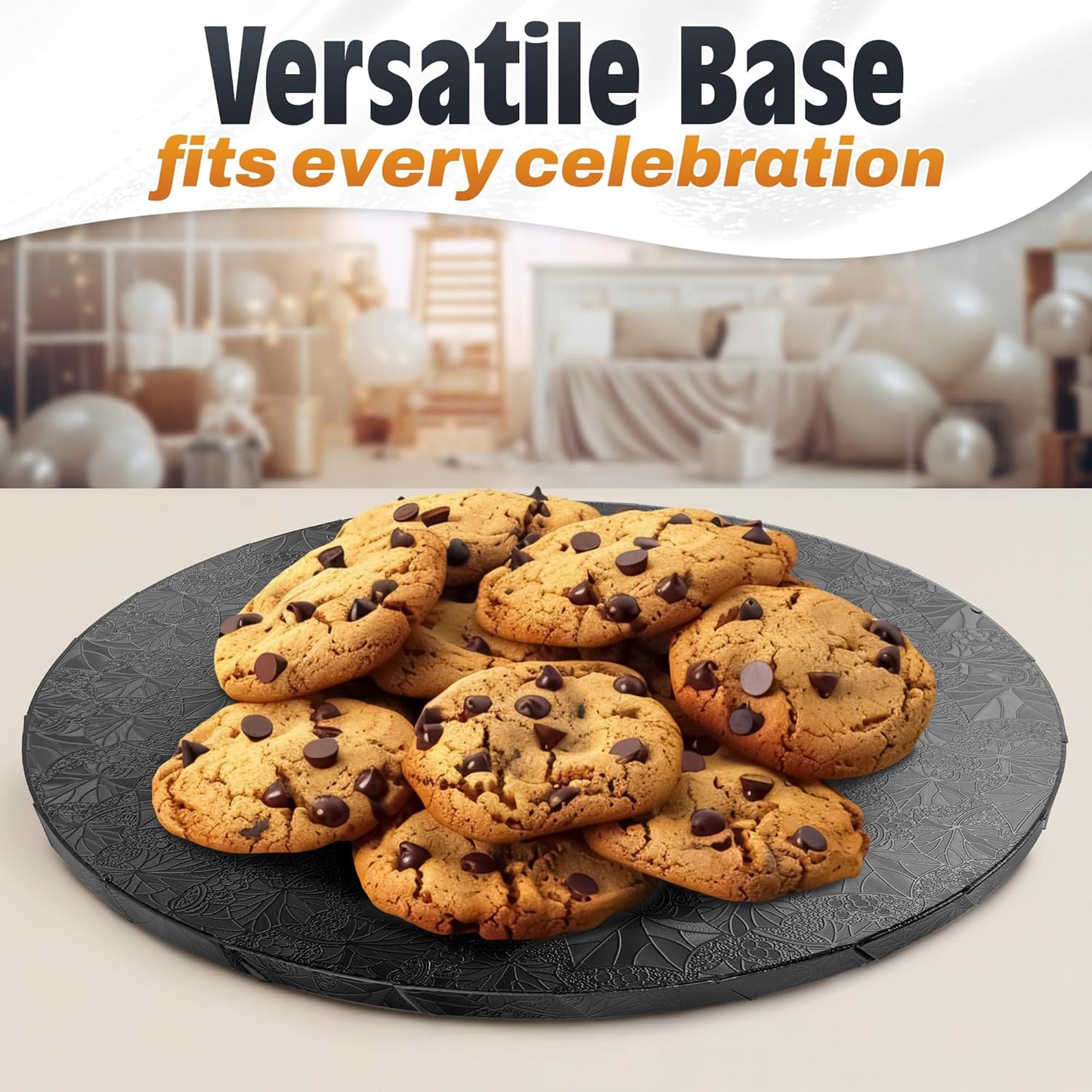 12 Inch Cake Drum, Black Cake Board for Picture-Ready Celebration Cakes, 1/2 Inch Thick Round Cardboard Base with Grease & Moisture Resistant Surface and Decorative Pattern for Parties and Weddings