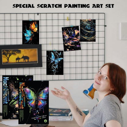 Scratchboard Art for Adult Luminous Scratch Painting Kits, A5 Scratch Art Rainbow Painting Paper 8 Sheet with 4 Tools, Scratchboard for Teens & Adults, Fun Creative Craft Toy/Gifts/Decor, Dreams