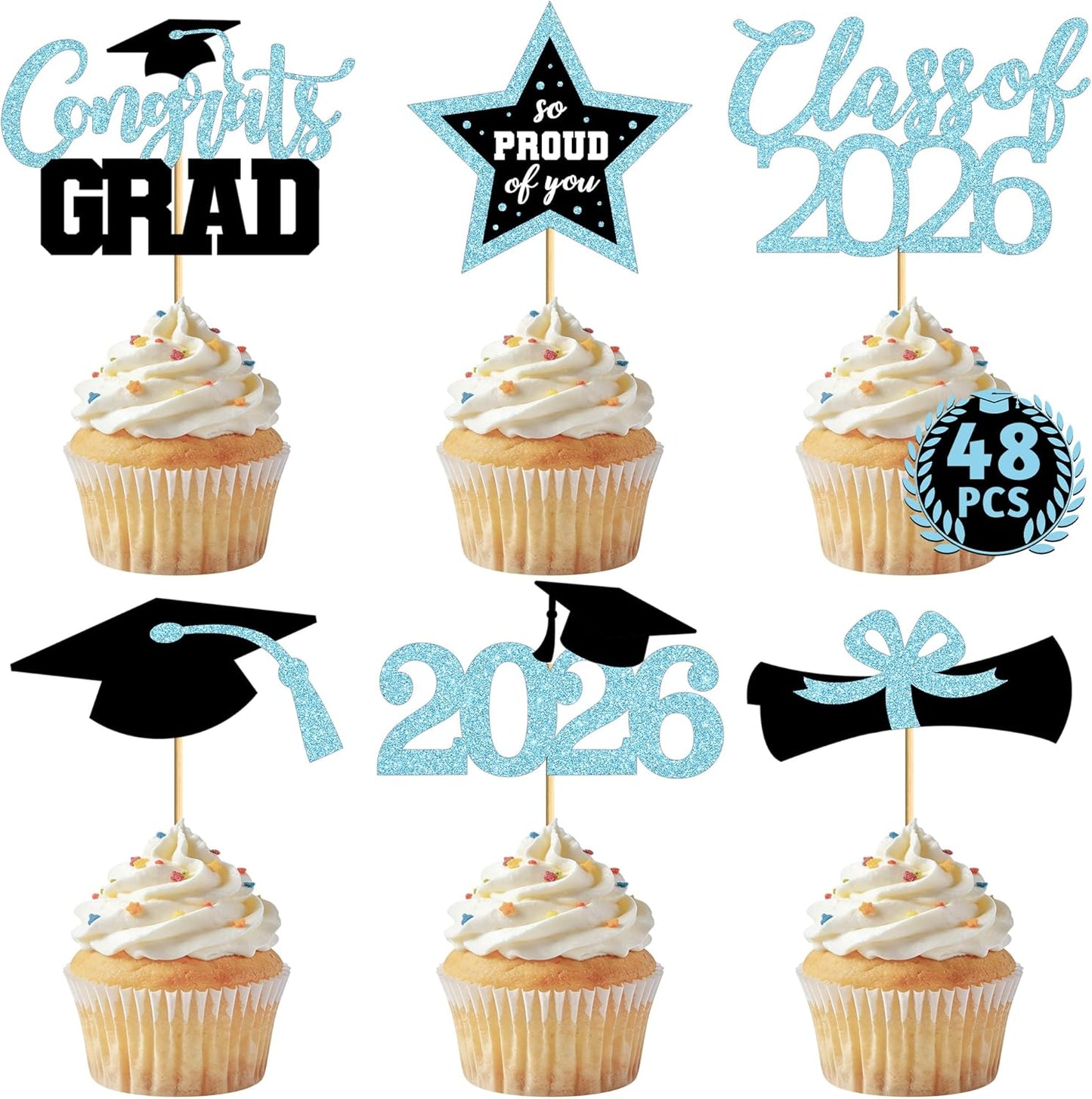 48 PCS Graduation Cupcake Toppers, Glittery 6 Styles Congrats Grad Cake Topper, Black and Red Graduation Decorations 2026, Cap and Diploma Cake Picks for Grad Party Supplies
