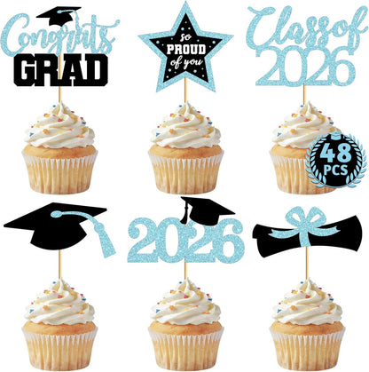 48 PCS Graduation Cupcake Toppers, Glittery 6 Styles Congrats Grad Cake Topper, Black and Red Graduation Decorations 2026, Cap and Diploma Cake Picks for Grad Party Supplies