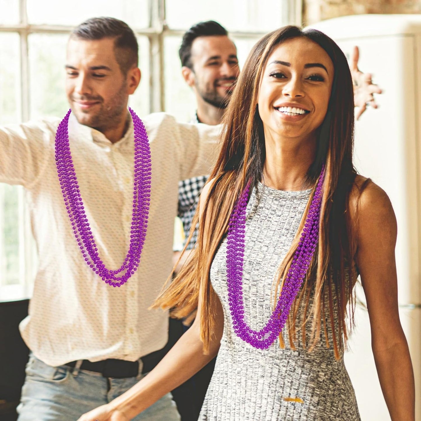 EOBOH 144PCS Mardi Gras Beads, Metallic 12 Kinds Bead Necklace Party Supplies, 33" Mardi Gras Necklace Costume Stuff, Festival Parade Throw Accessories for Wedding Birthday Celebrations Decorations