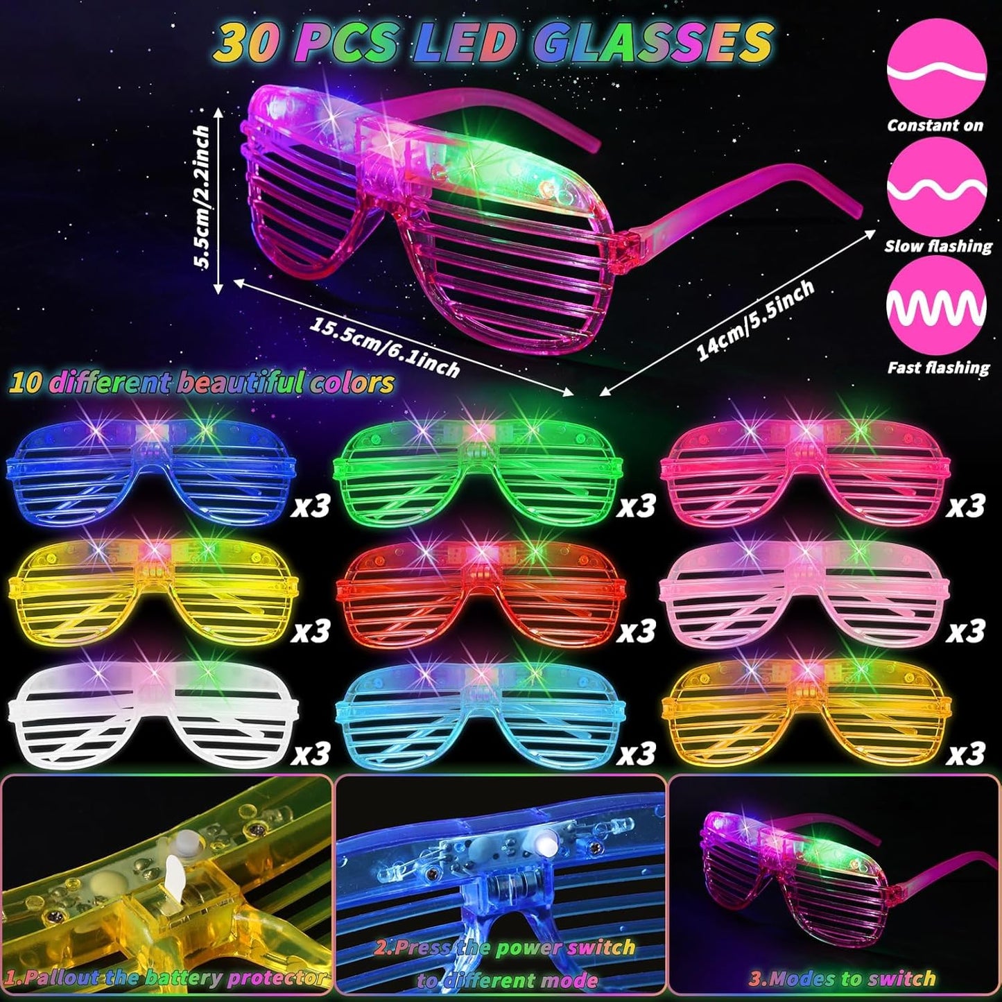 Oleitodh Glow in the Dark Party Supplies Set Bulk Neon Party Favor Toys Includes 30 Led Light up Glasses 10 Color 30 Light up Foam Sticks Bulk for Disco Wedding Birthday Concert Halloween Raves Party