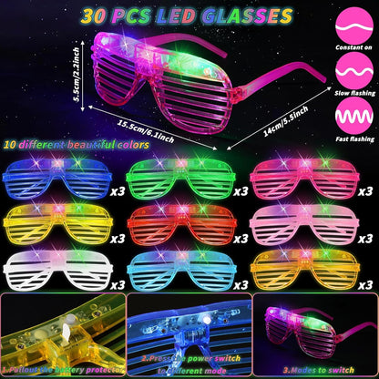 Oleitodh Glow in the Dark Party Supplies Set Bulk Neon Party Favor Toys Includes 30 Led Light up Glasses 10 Color 30 Light up Foam Sticks Bulk for Disco Wedding Birthday Concert Halloween Raves Party