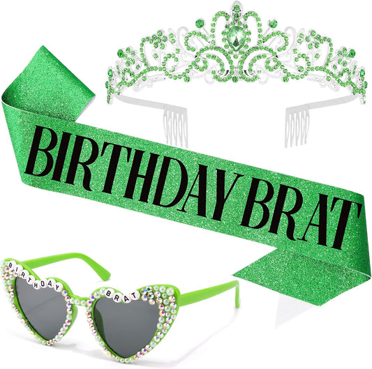 KICOSY 3PCS Green Birthday Brat Set - Sash, Sunglasses & Crown for Birthday Party, Photo Shoots & Outings