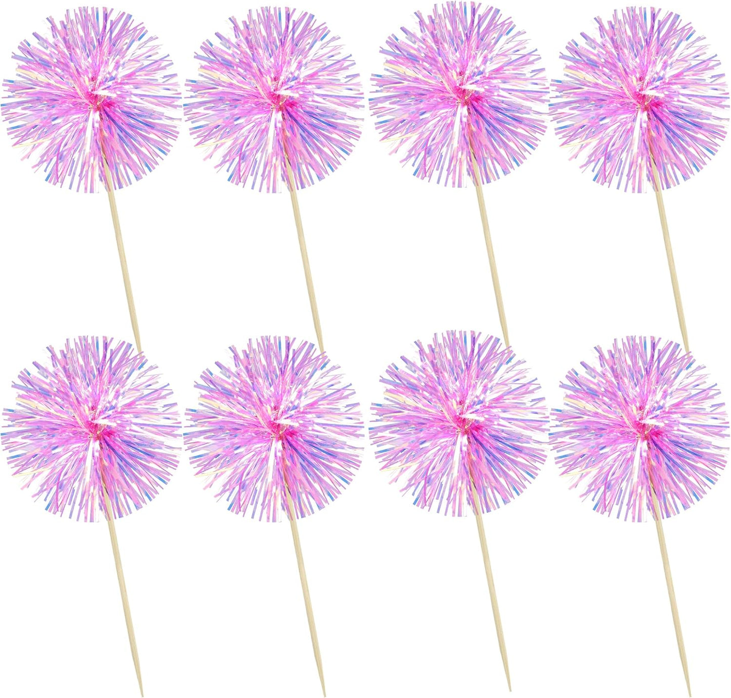 Ephlyn 30Pcs Foil Firework Cupcake Toppers Sparkle Tinsel Cupcake Picks Drink Stirrers Cocktail Food Fruit Toothpicks for Baby Shower Graduation Party Supplies White