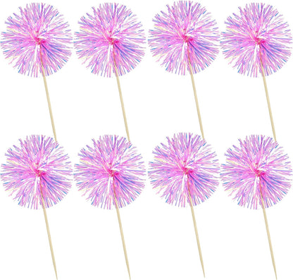 Ephlyn 30Pcs Foil Firework Cupcake Toppers Sparkle Tinsel Cupcake Picks Drink Stirrers Cocktail Food Fruit Toothpicks for Baby Shower Graduation Party Supplies White