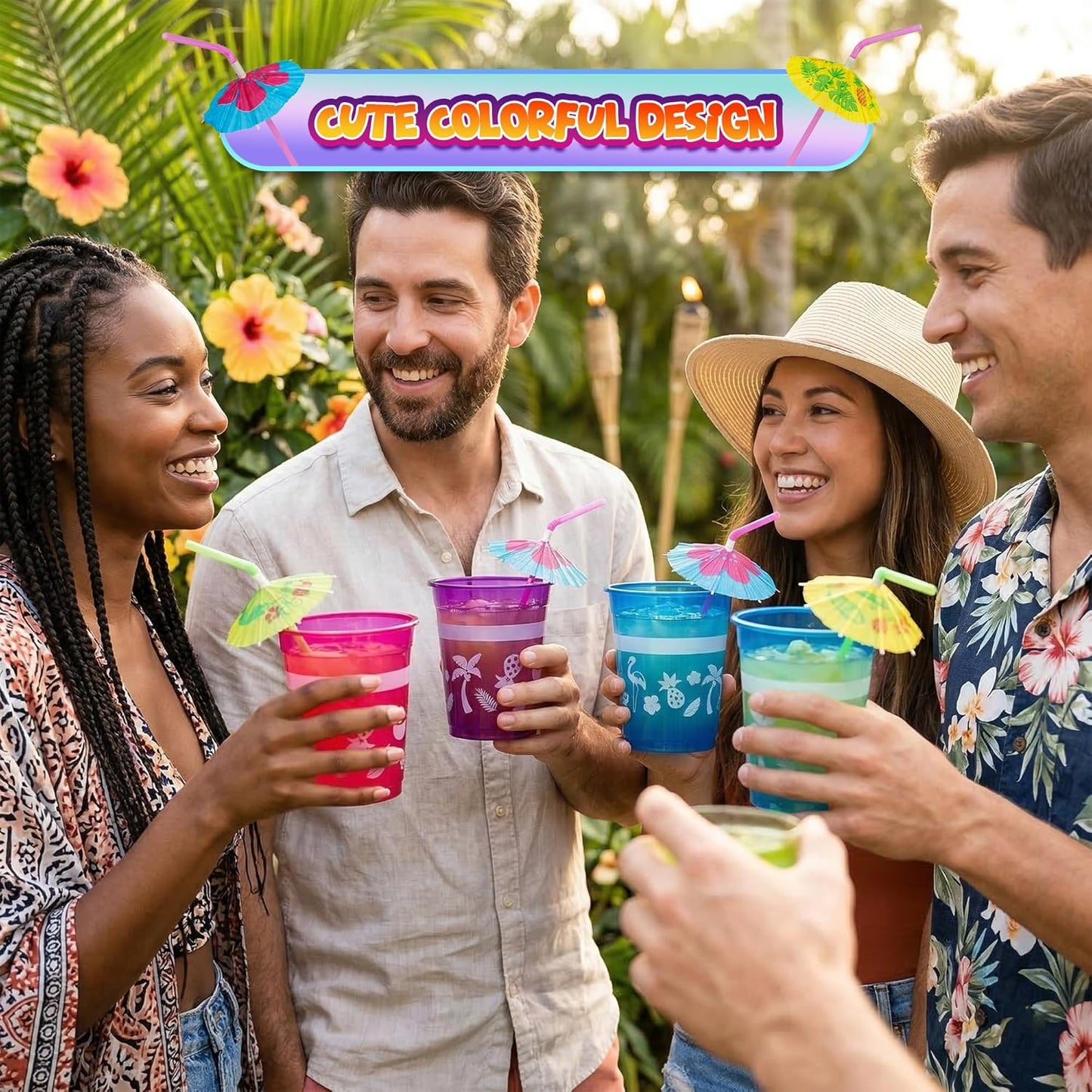 4E's Novelty 48 Packs Tropical Party Cups with Parasol Straws - Disposable Plastic Cups 16oz BPA free, for Hawaiian Luau Party and Pool Parties, Beach Theme Birthday Decorations for Kids & Adults