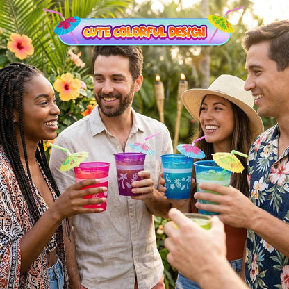 4E's Novelty 48 Packs Tropical Party Cups with Parasol Straws - Disposable Plastic Cups 16oz BPA free, for Hawaiian Luau Party and Pool Parties, Beach Theme Birthday Decorations for Kids & Adults