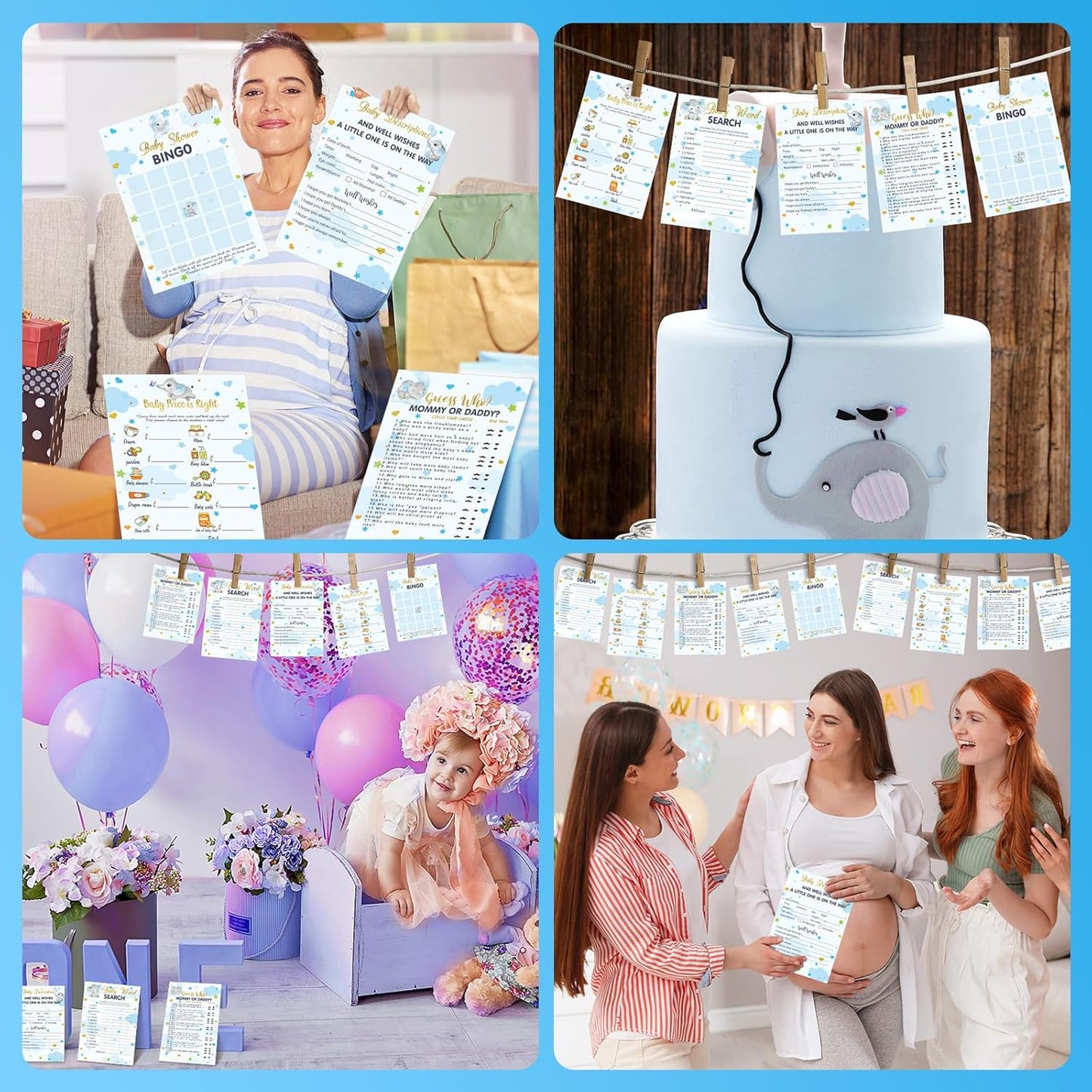 Yinder 145 Pcs Baby Shower Games Activities Cards with 20 Pencils Includes Baby Bingo Description and Wishes Guess Who Price is Right Word Scramble Game(Here Comes the Son)