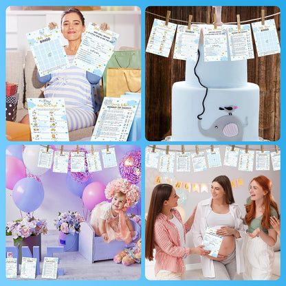 Yinder 145 Pcs Baby Shower Games Activities Cards with 20 Pencils Includes Baby Bingo Description and Wishes Guess Who Price is Right Word Scramble Game(Here Comes the Son)