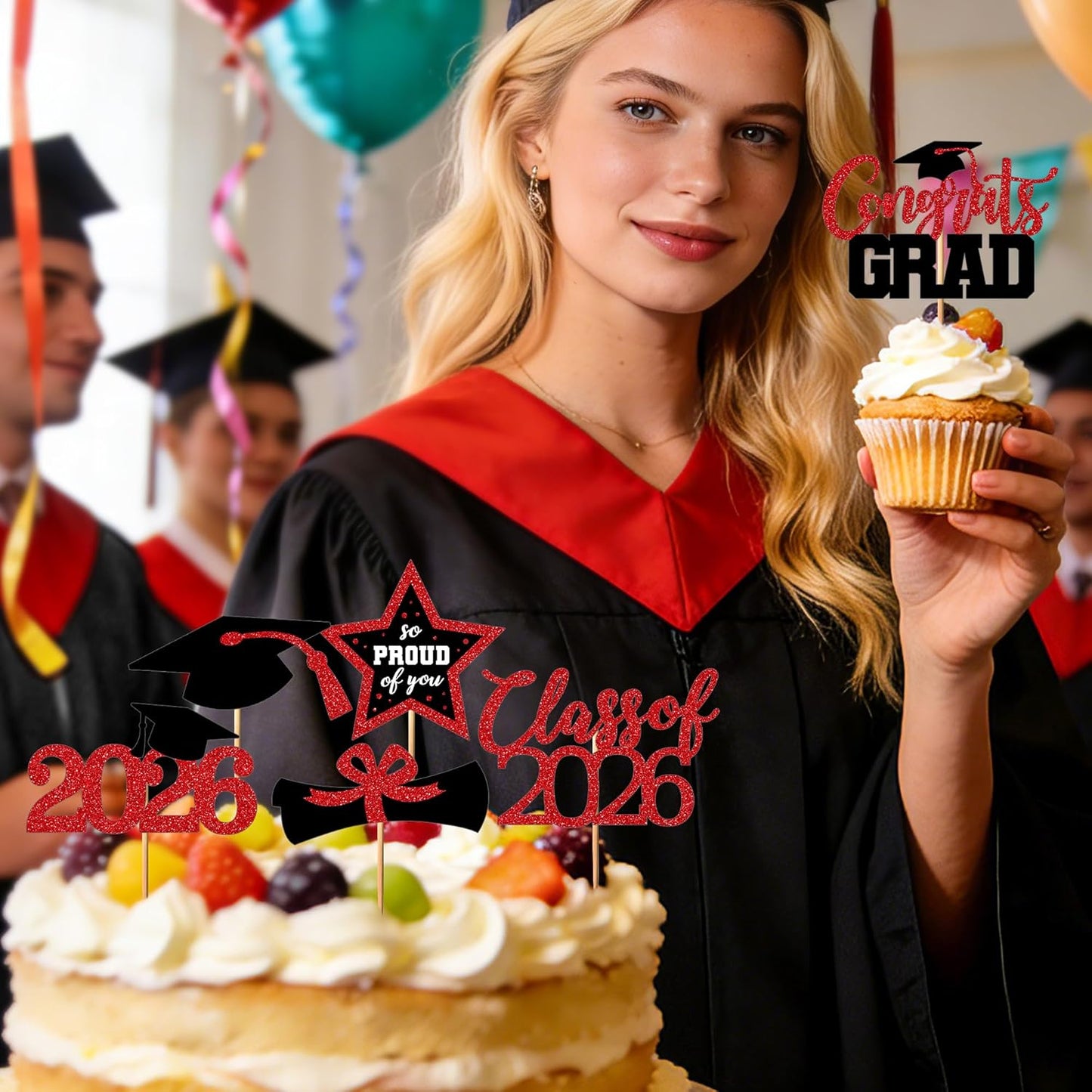 48 PCS Graduation Cupcake Toppers, Glittery 6 Styles Congrats Grad Cake Topper, Black and Red Graduation Decorations 2026, Cap and Diploma Cake Picks for Grad Party Supplies