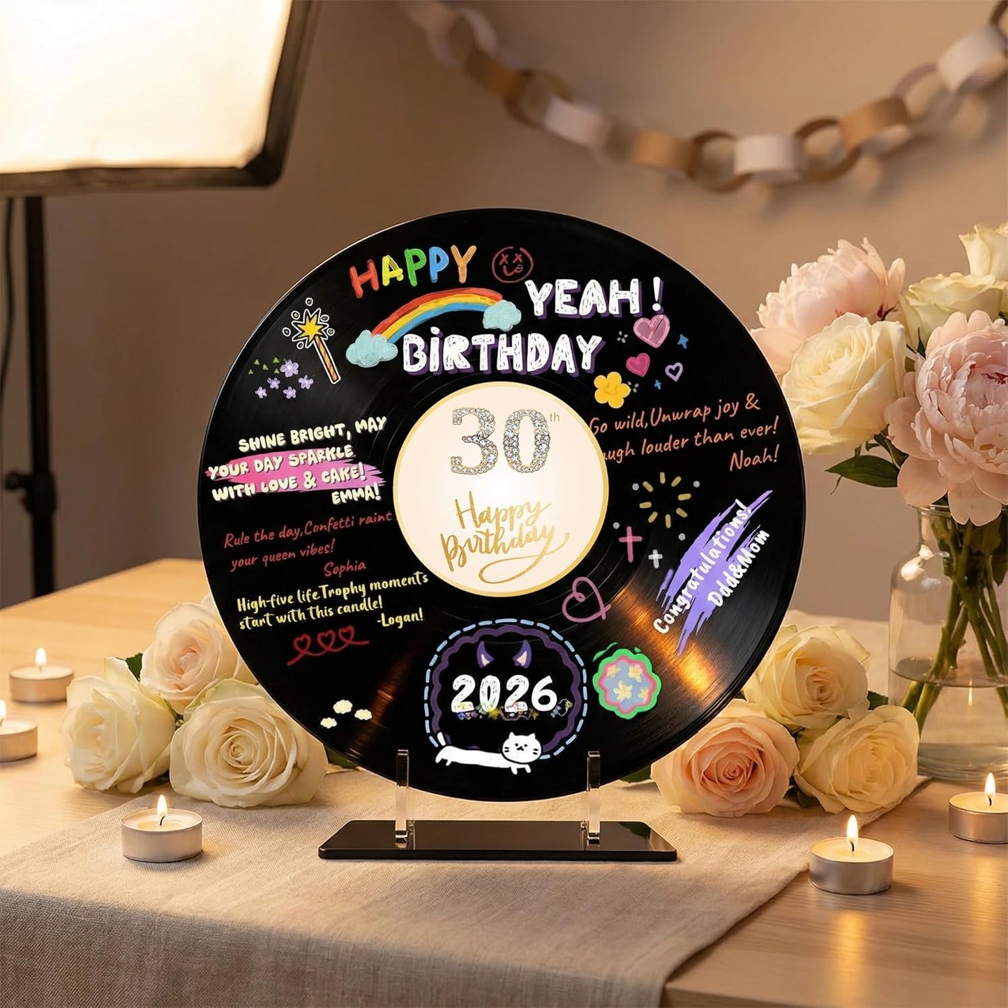 REEGII Vinyl Record Style Birthday Guest Book for Birthday Decorations - Large 11.6"x11.6" Sign-In Poster with 12 Pens | Unique Keepsake Gift for Birthday Party Decor (Happy Birthday, Golden, 11.6"L x 11.6"W)