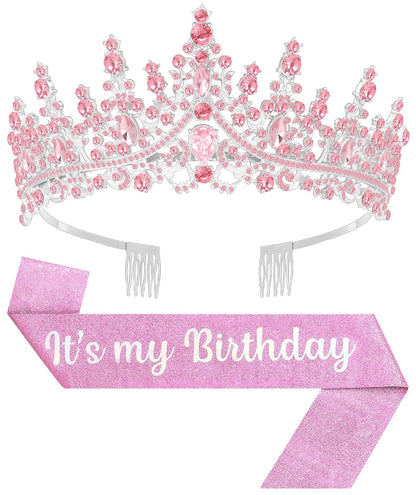 Birthday Tiara and Crown with Sash, Birthday Tiara for Women Party Silver