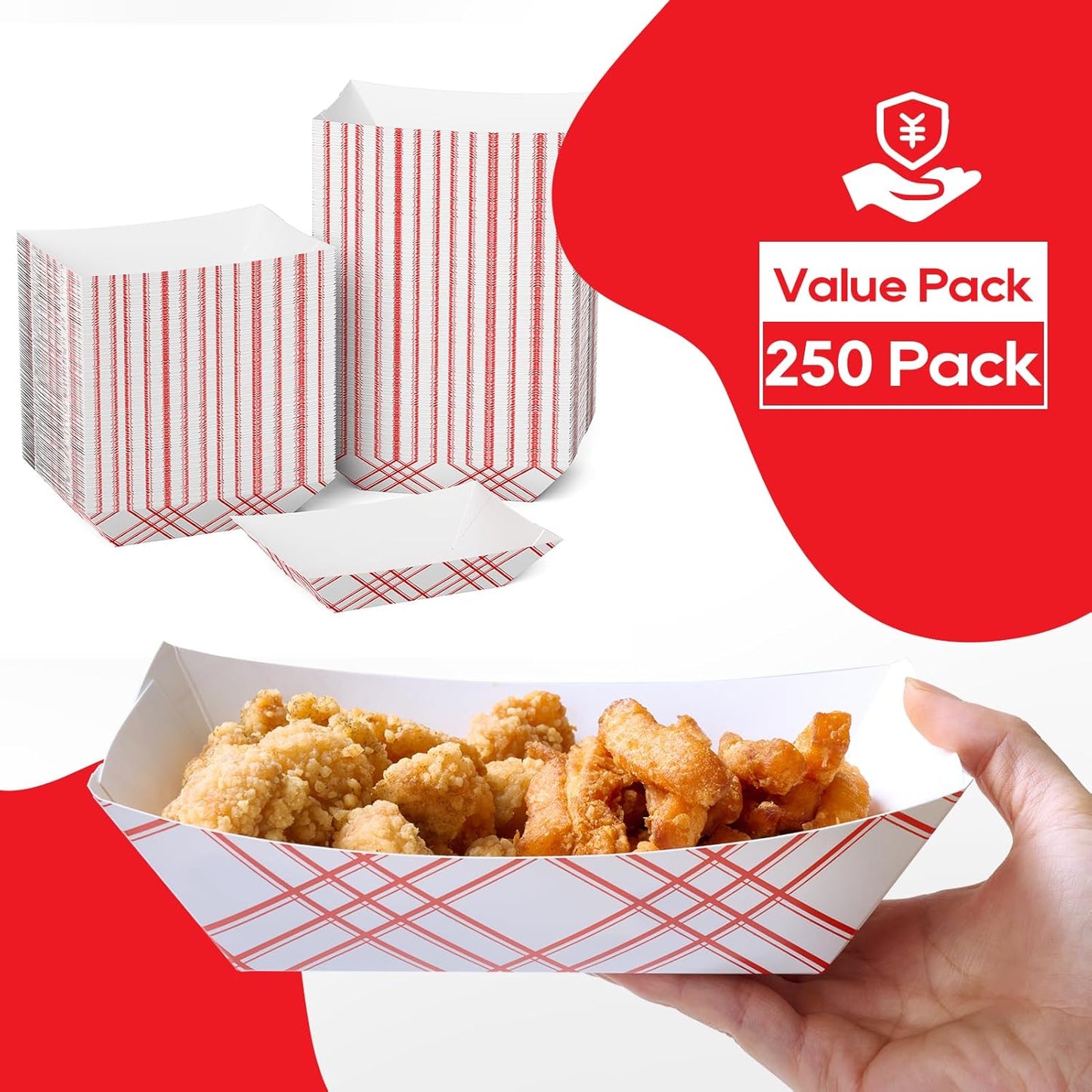 ECOLipak 100 Pack 3lb Paper Food Tray Red, Disposable Paper Boats, Food Holder Trays, Serving Boats for Taco Nacho Hot Dog Snack Fries Dessert Popcorn Sauce