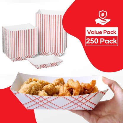 ECOLipak 100 Pack 3lb Paper Food Tray Red, Disposable Paper Boats, Food Holder Trays, Serving Boats for Taco Nacho Hot Dog Snack Fries Dessert Popcorn Sauce