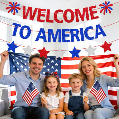 Welcome to America Banner - Patriotic Red White Blue Welcome Sign for New Citizen & Citizenship Parties | Home Community Event Decor, Naturalization Celebration