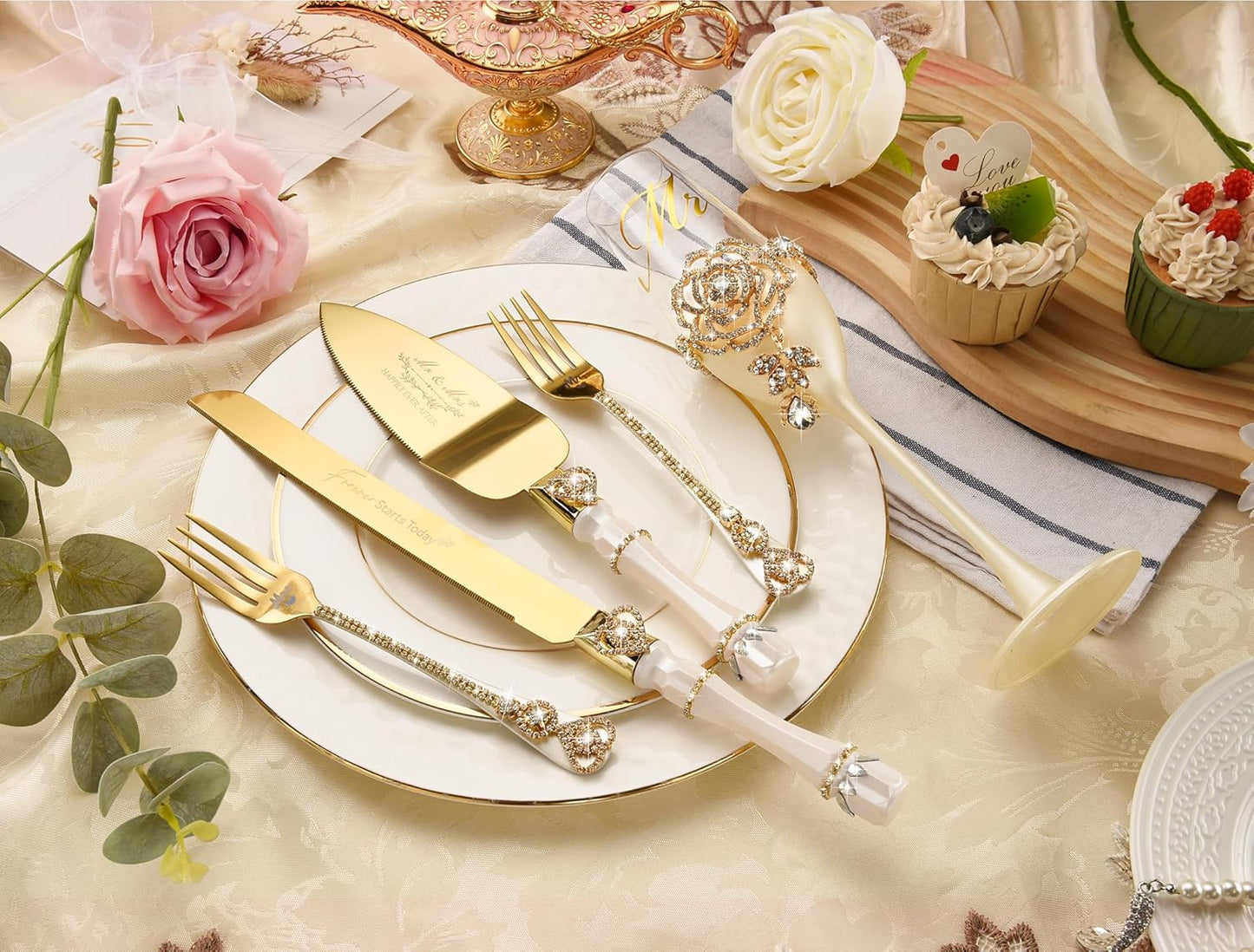 Engagement Gifts for Couples, Wedding Cake Knife and Server Set, Luxury Handcrafted Champagne Flutes with Rhinestone Rose and Pendant Drop, Cake Cutting Set for Wedding, Bride and Groom Gift-ready Box