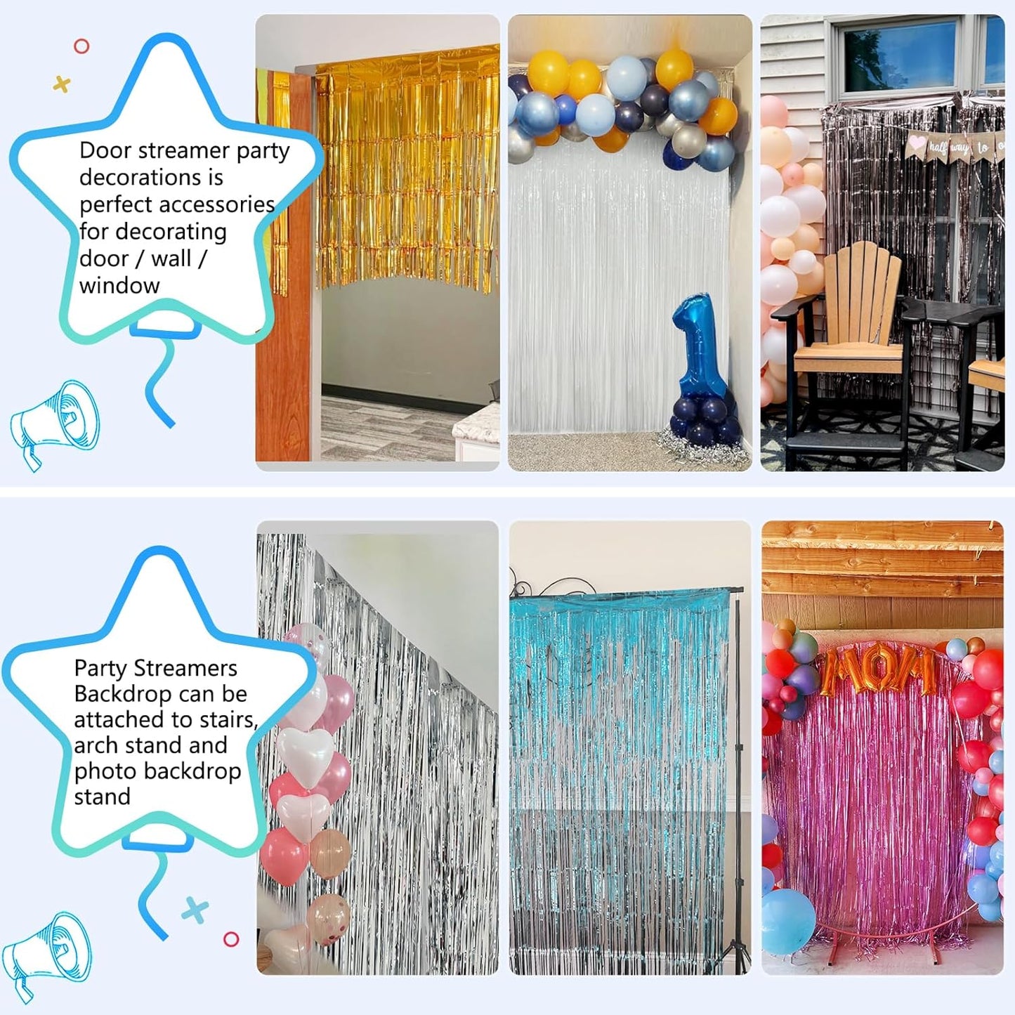 2 Pack Foil Curtain Backdrop Curtains Silver Tinsel Door Streamers Birthday Party Decorations Photo Booth Props for Disco Party Graduation Wedding Baby Shower Bachelorette Christmas Gender Reveal