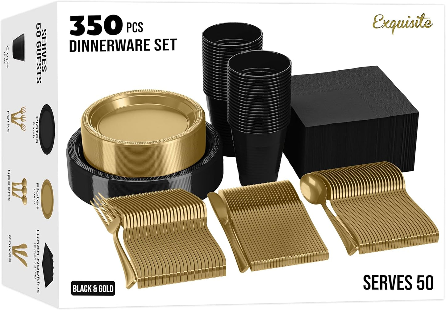 350 Pcs Black Plastic Plates For Party, Black Disposable Plates Set, 50 Of Each 9" Dinner Plate Set, 7" Dessert Plate, Cups, Napkins & Cutlery Plastic Dinnerware Set Exquisite