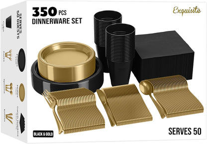 350 Pcs Black Plastic Plates For Party, Black Disposable Plates Set, 50 Of Each 9" Dinner Plate Set, 7" Dessert Plate, Cups, Napkins & Cutlery Plastic Dinnerware Set Exquisite