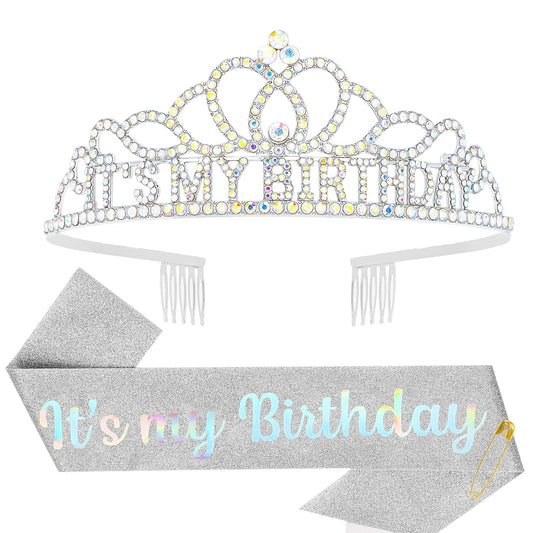 Green Birthday Crown - Adult Woman & Glitter Its My Birthday Sash for Birthday Girl - Gold Tiara for Parties & Favors
