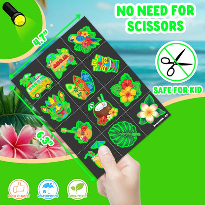 96 PCS Hawaiian Luau Pre-Cut Temporary Tattoos for Kids | Super Cute Themed Birthday Party Favors, Supplies, Decorations, Summer Fake Tattoo Stickers (Multiple)