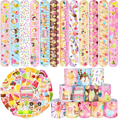 84 PCS Ice Cream Party Favors, 24 PCS Slap Bracelets & 60 PCS Stickers Ice Cream Birthday Party Decorations Supplies Gifts for Kids Classroom Rewards