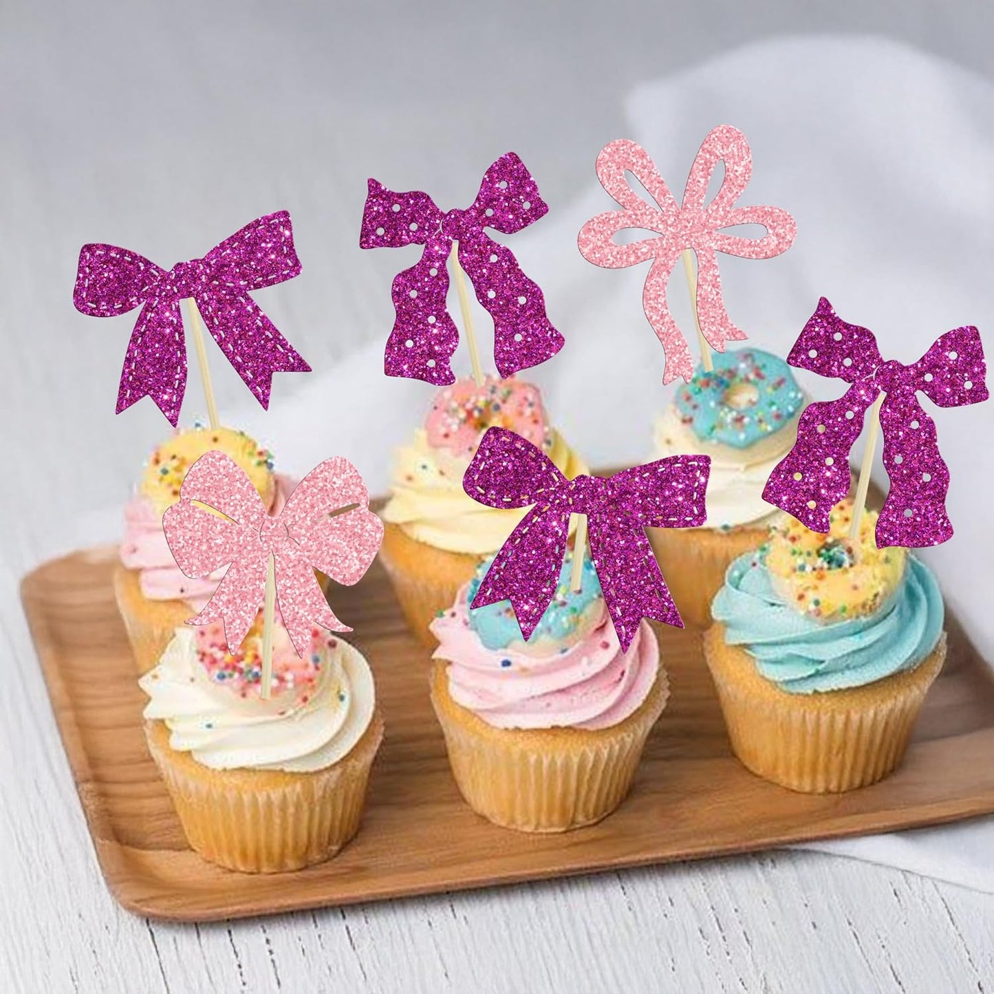 Ephlyn 24Pcs Pink Bow Cupcake Toppers Bow Birthday Cake Topper Girls Birthday Party Decorations Bowknot Cupcake Decorations for Bridal Wedding Themed Party Multi